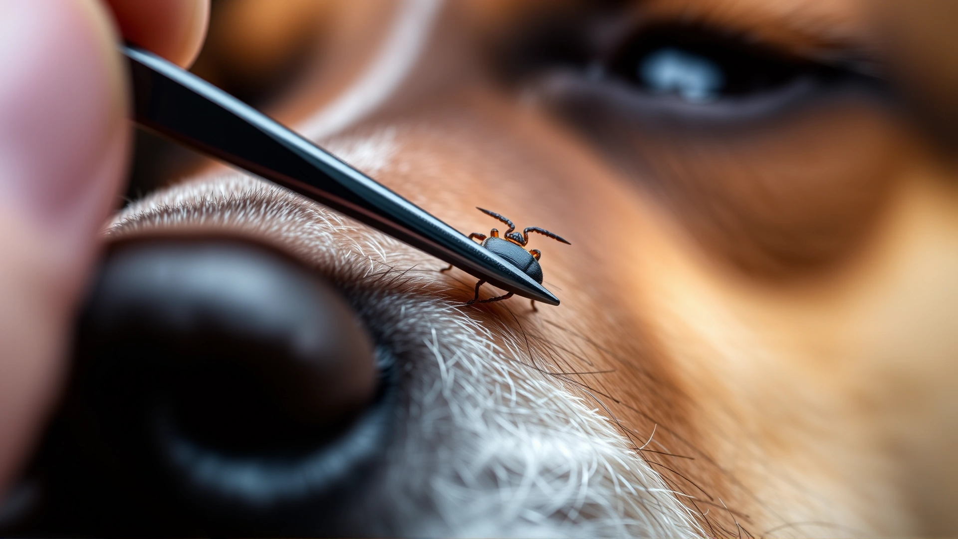 Close-up of human hand using fine-tipped tweezers to remove a tick from a dog’s skin, focus on precision, no text