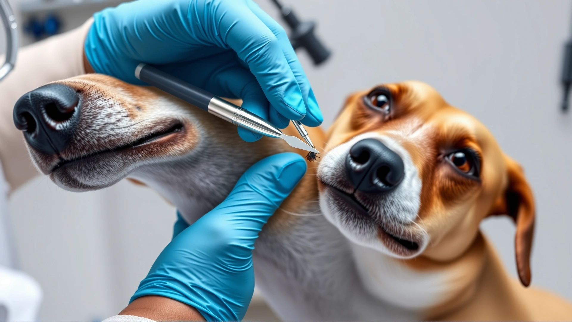 Veterinarian wearing gloves using a specialized tick-removal tool to extract a tick from a dog's neck, clinical setting