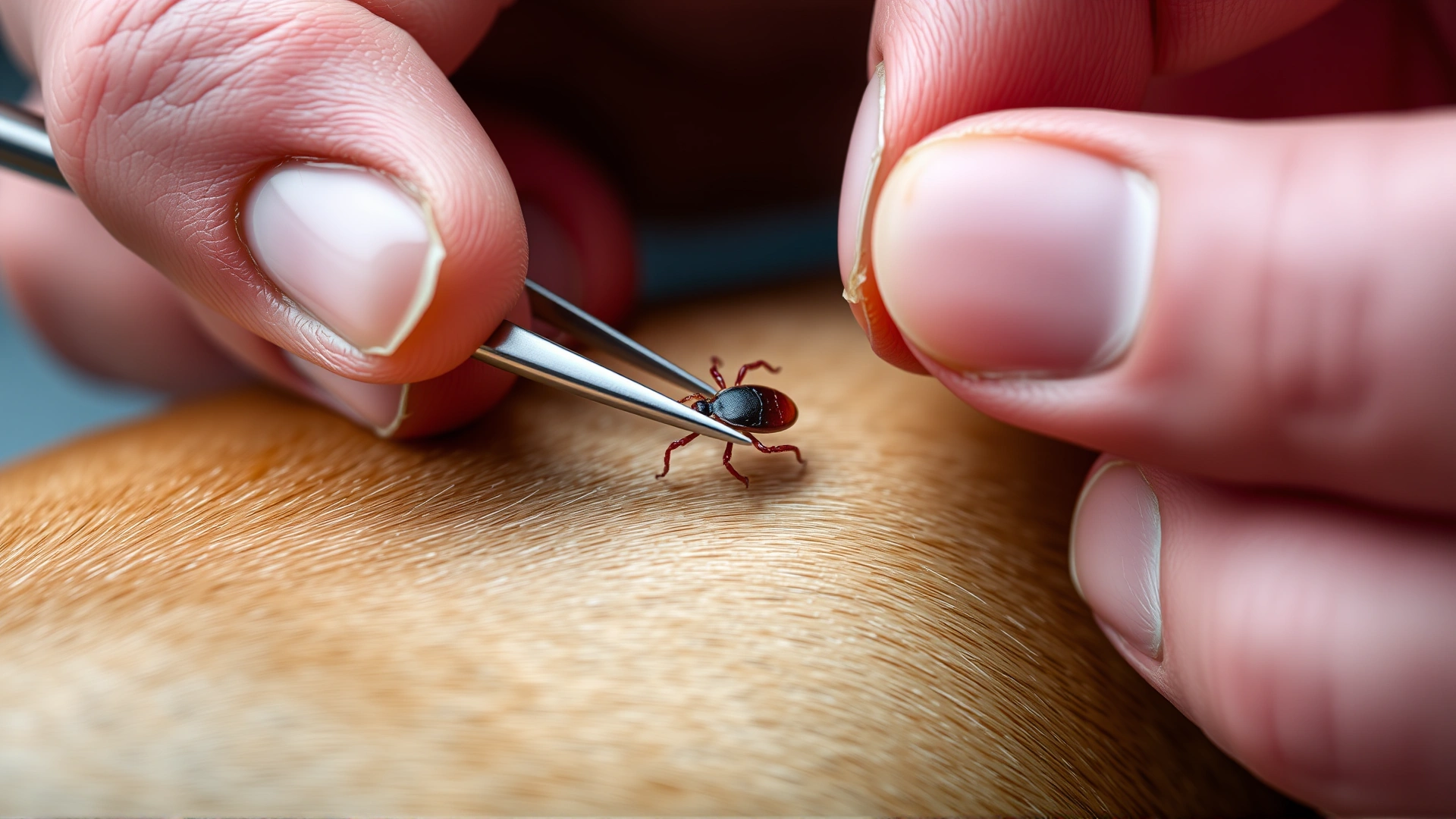 Human hand using fine-tipped tweezers to carefully remove a tick from a dog's skin, close-up, clear details.