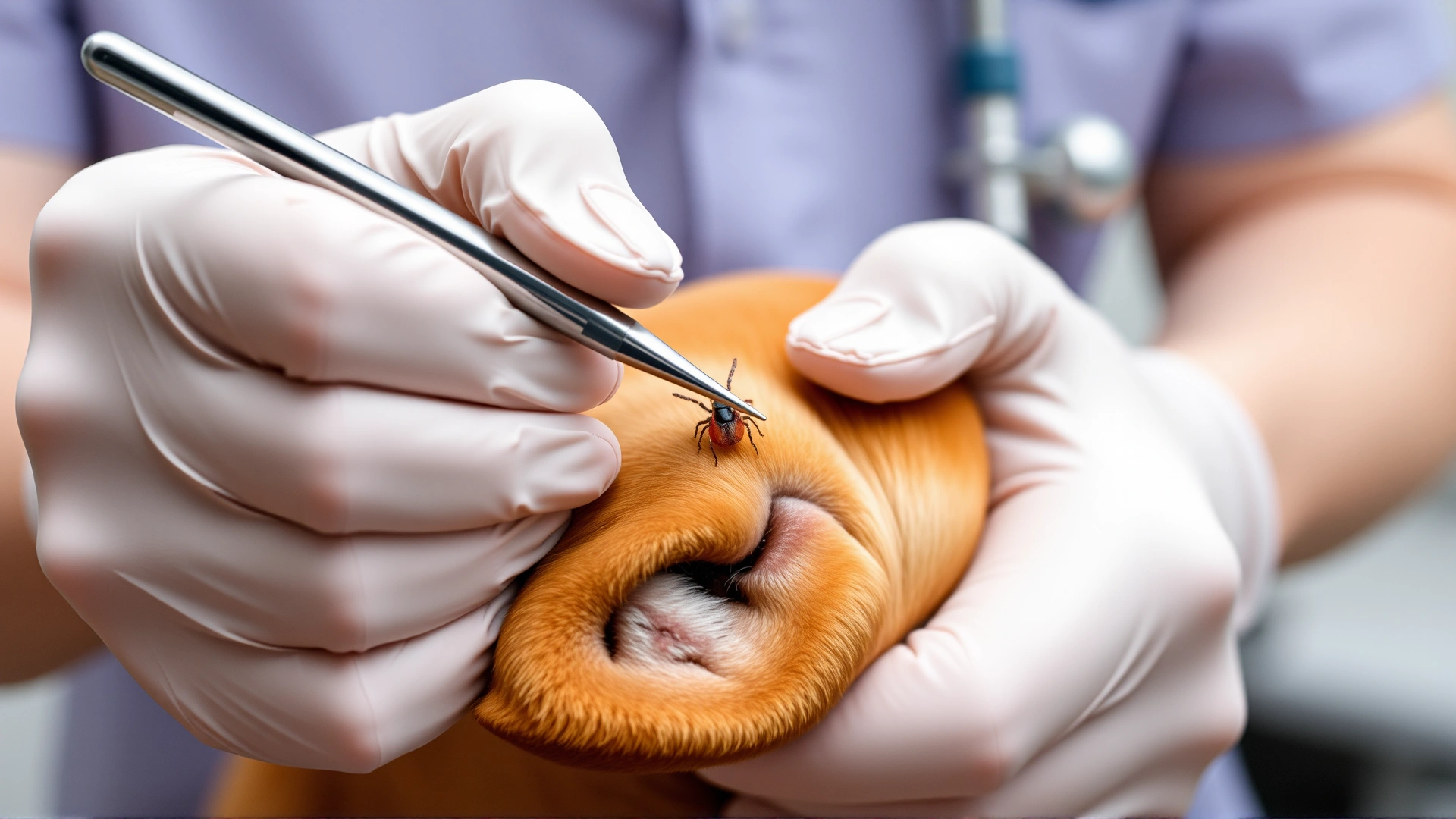 Veterinarian hand wearing gloves using fine-tipped tweezers to remove a tick from a dog's ear, clinical setting