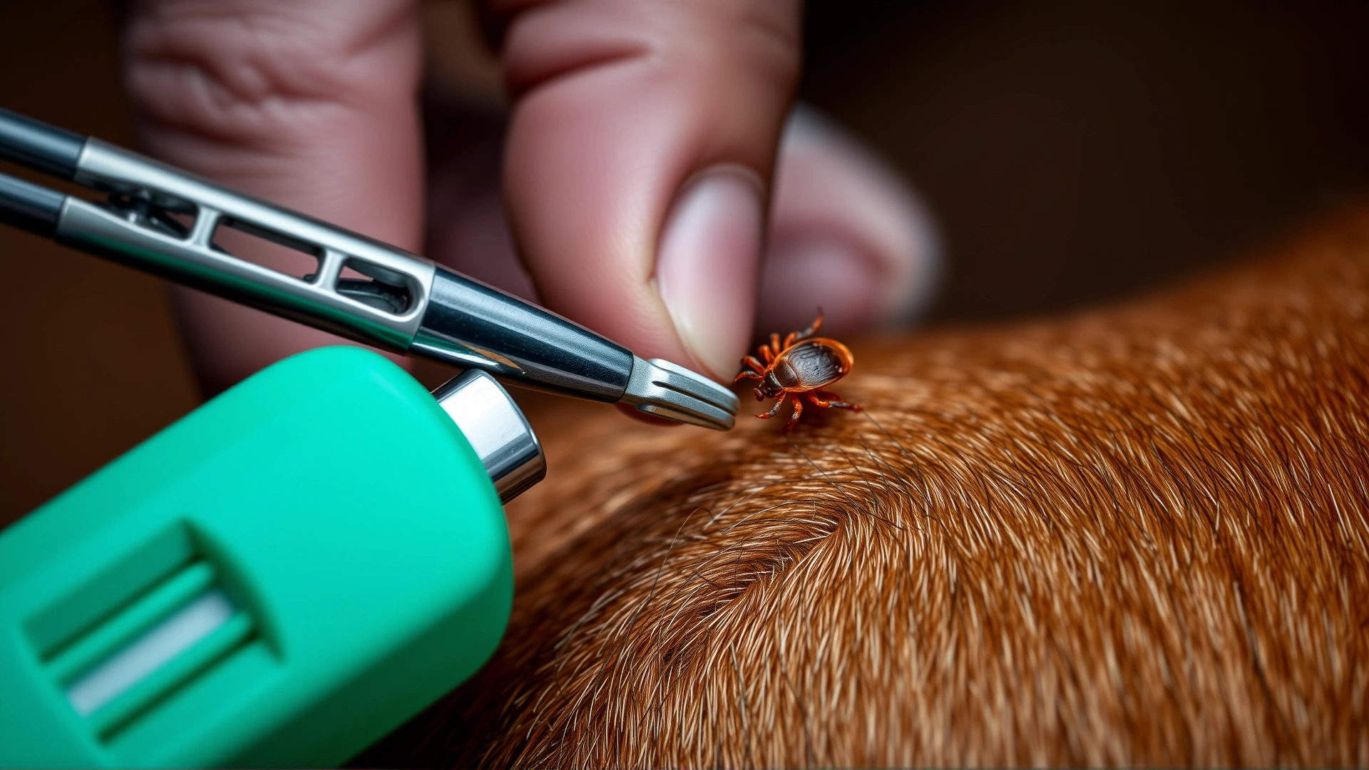 Close-up of a hand using a specialized tick removal tool to safely pull a tick from a dog's skin
