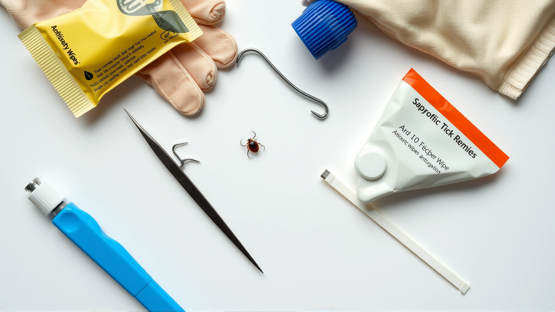 Flat lay of tick removal tools: fine-tipped tweezers, tick removal hook, gloves, antiseptic wipes, arranged neatly on a white surface.