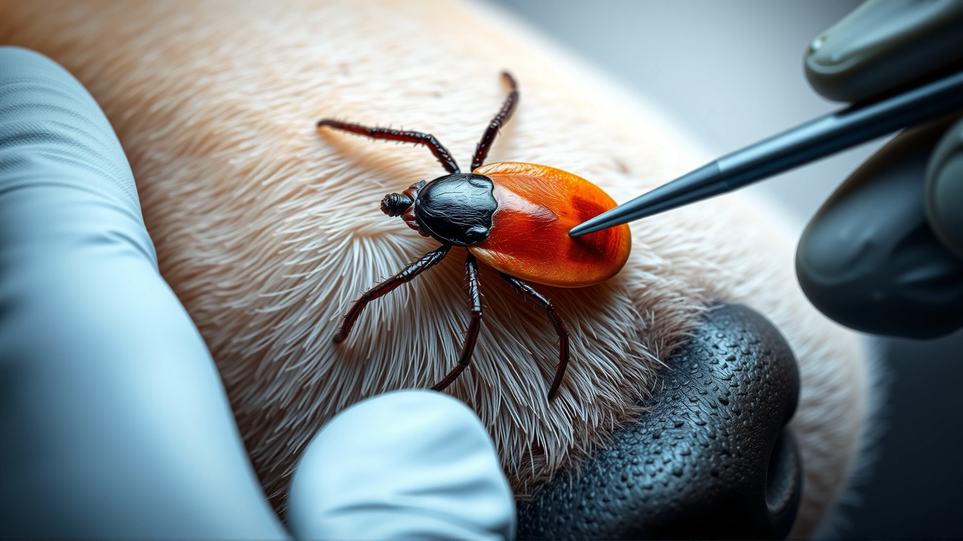 Close-up image of an engorged tick attached to a dog's skin with a veterinarian's gloved hand holding tweezers nearby