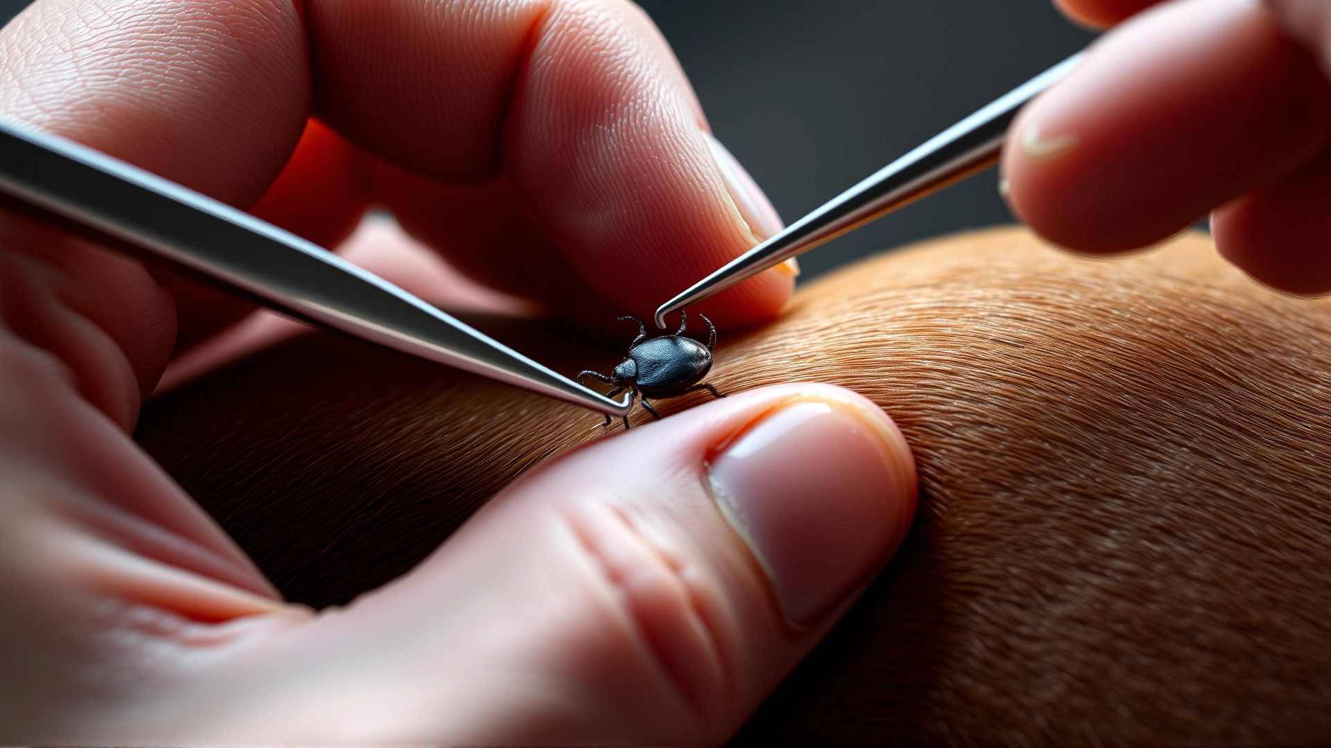 Human hand using fine-tip tweezers to carefully remove an engorged tick from a dog's skin, high detail