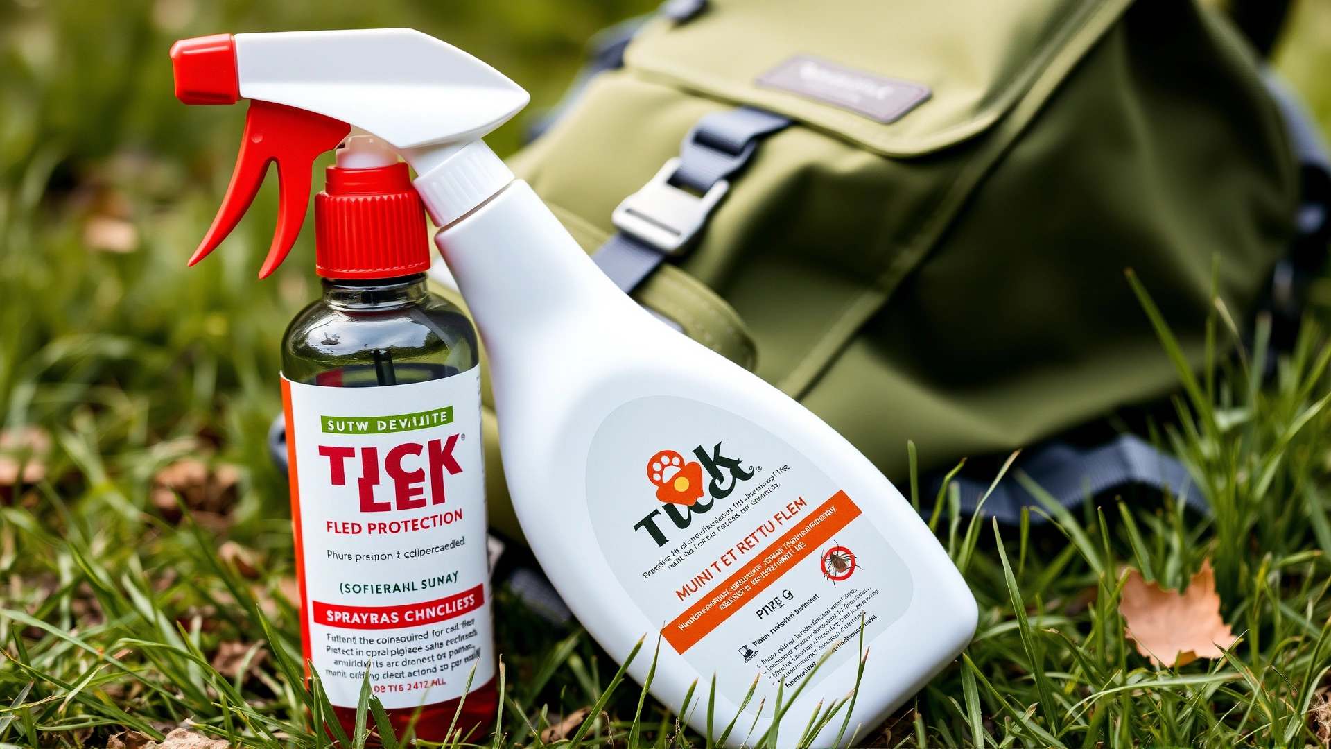 Spray bottle labeled for dog tick and flea protection placed next to a hiking backpack on grass.