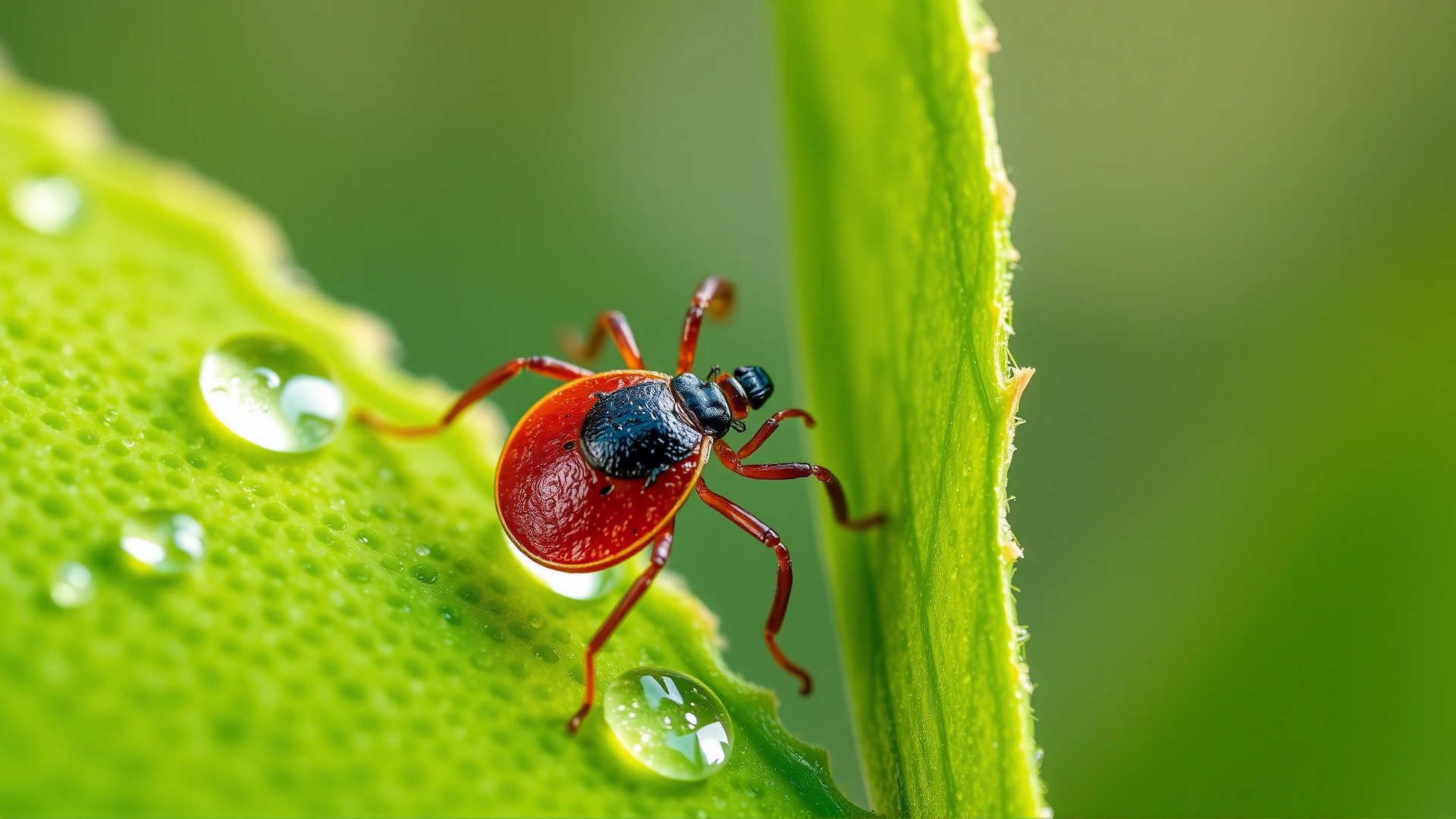 Macro shot of a brown tick crawling on a green leaf with morning dew, vivid detail