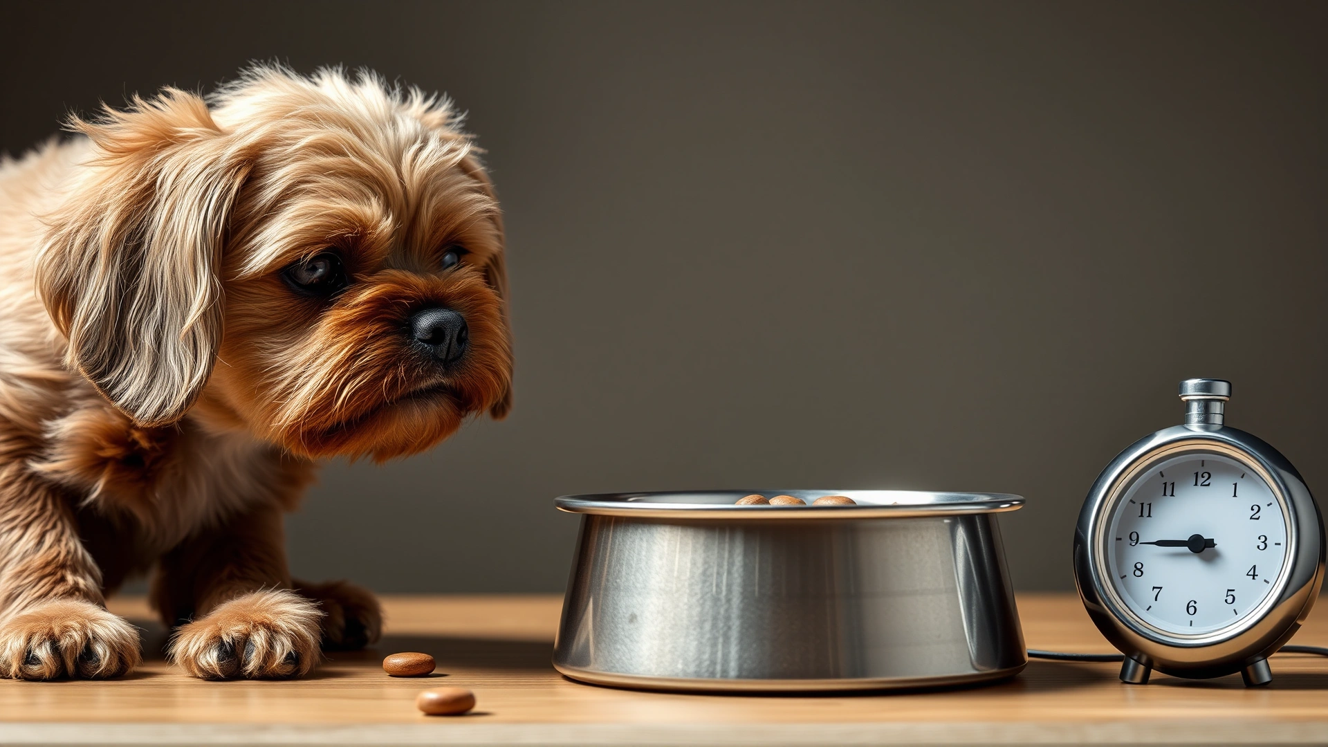 Owner setting a kitchen timer beside a dog bowl while a curious dog watches, concept of time-limited feeding