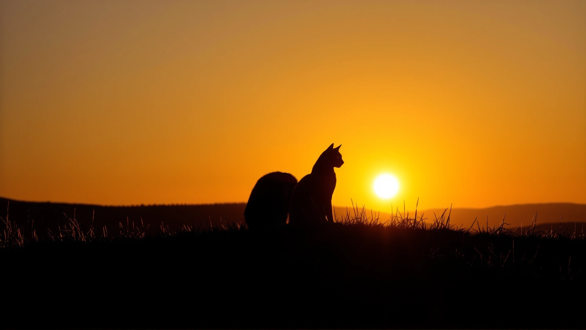 Early-morning sunrise silhouette of a dog and a cat sitting side by side on a hill, warm golden light symbolizing hope and healing