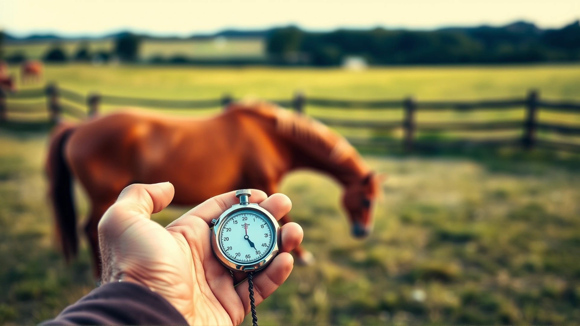 Person holding a stopwatch with a grazing horse blurred in the background of a pasture, illustrating timed turnout, no text
