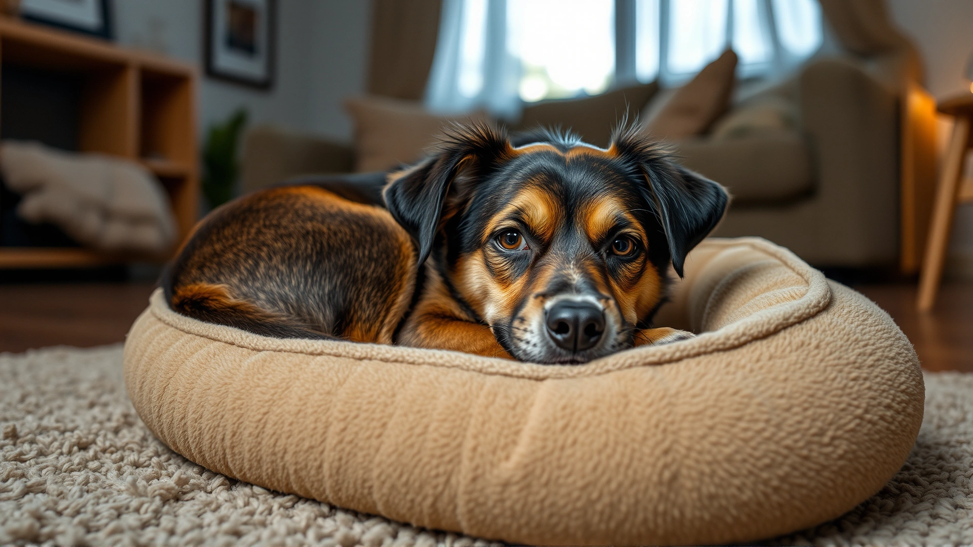 A curled-up timid dog lying on a cozy dog bed in a softly lit living room, looking uncertain but safe