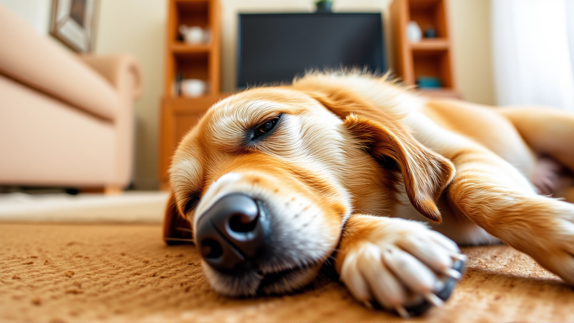Dog lying on its side looking tired after excessive barking, indoor living room setting, warm tones, no text