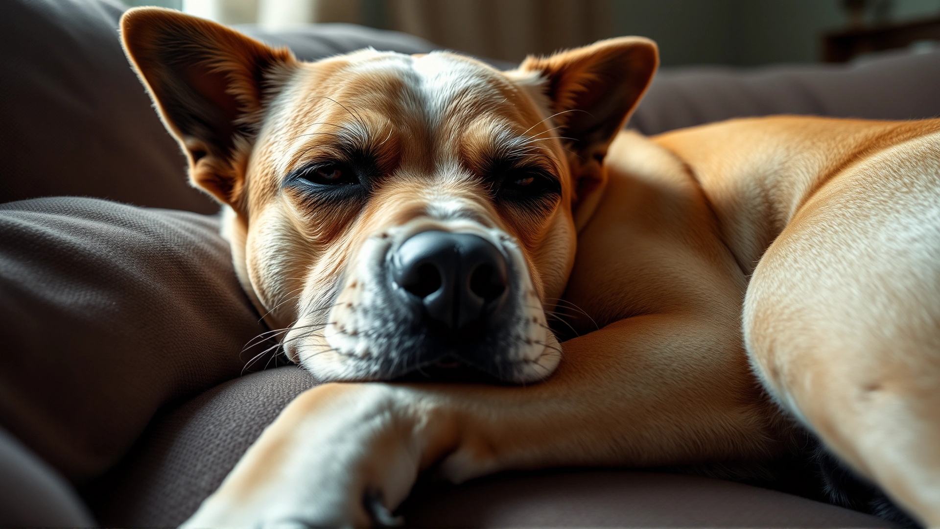 A lethargic dog lying on a couch, half-open eyes, soft light emphasizing fatigue