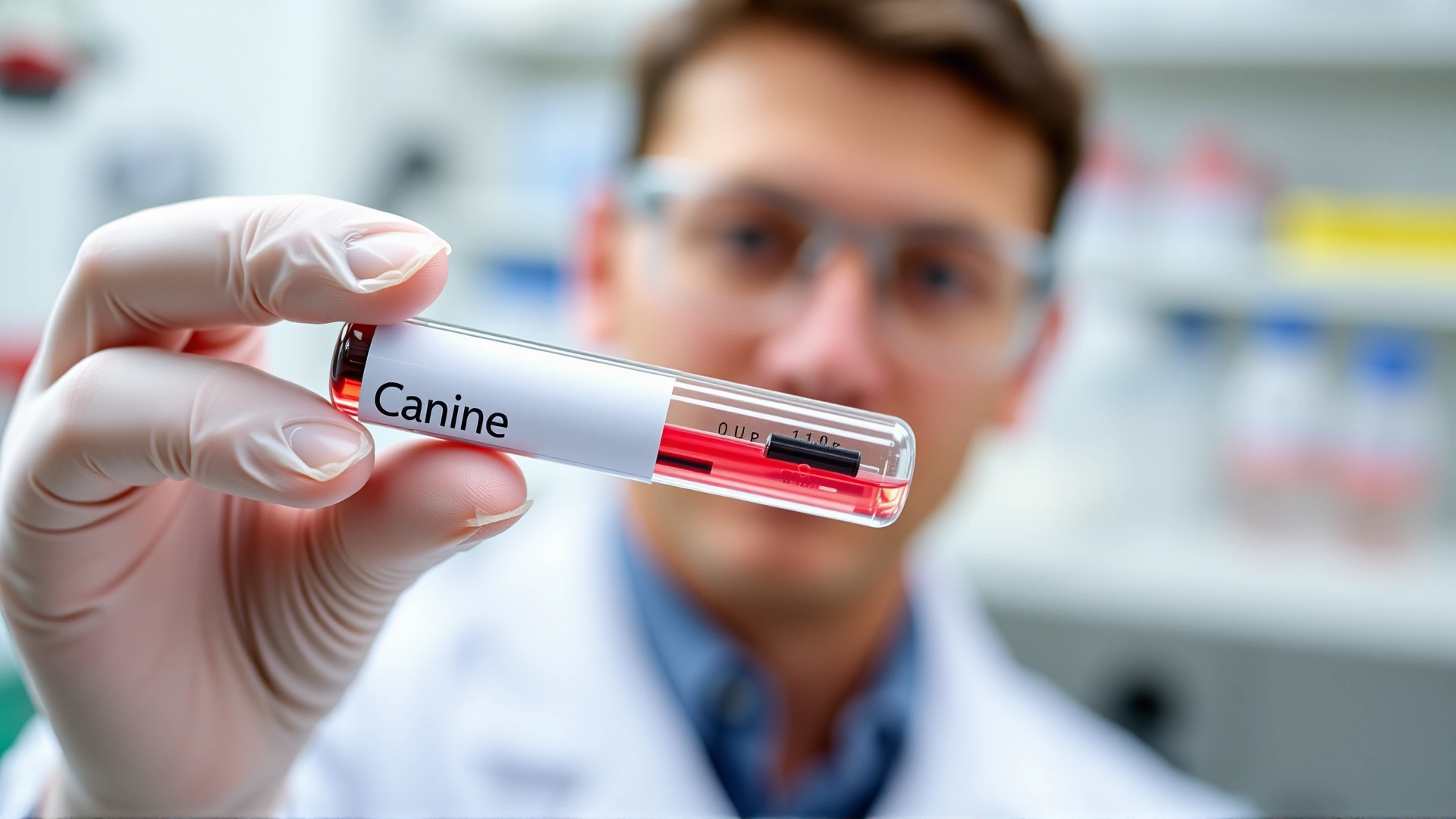 Laboratory technician holding a blood sample tube labeled 'Canine' with blurred lab equipment in the background.