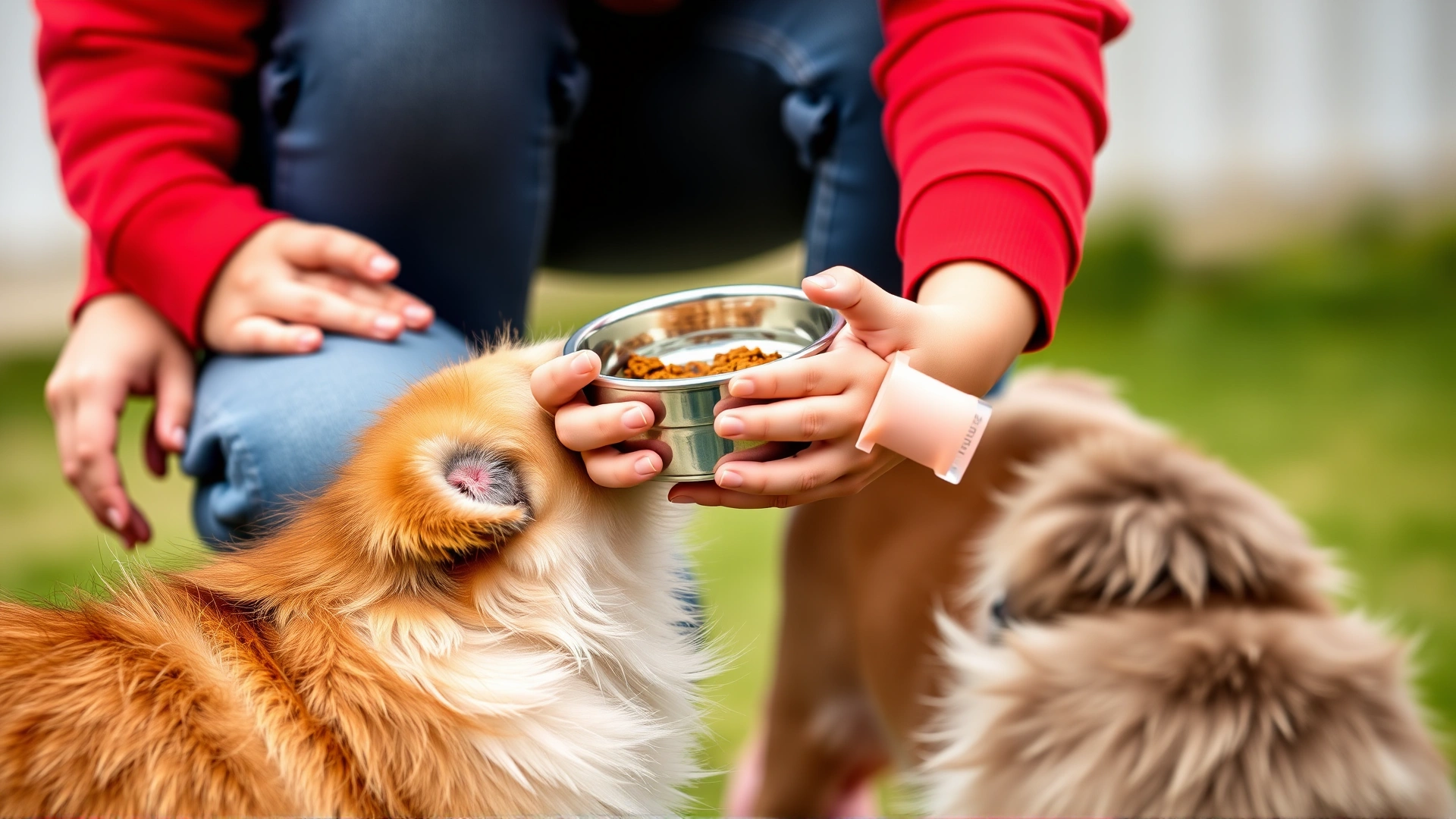 Toddler holding a small food bowl while an adult supervises a gentle dog, illustrating safe early-age involvement.