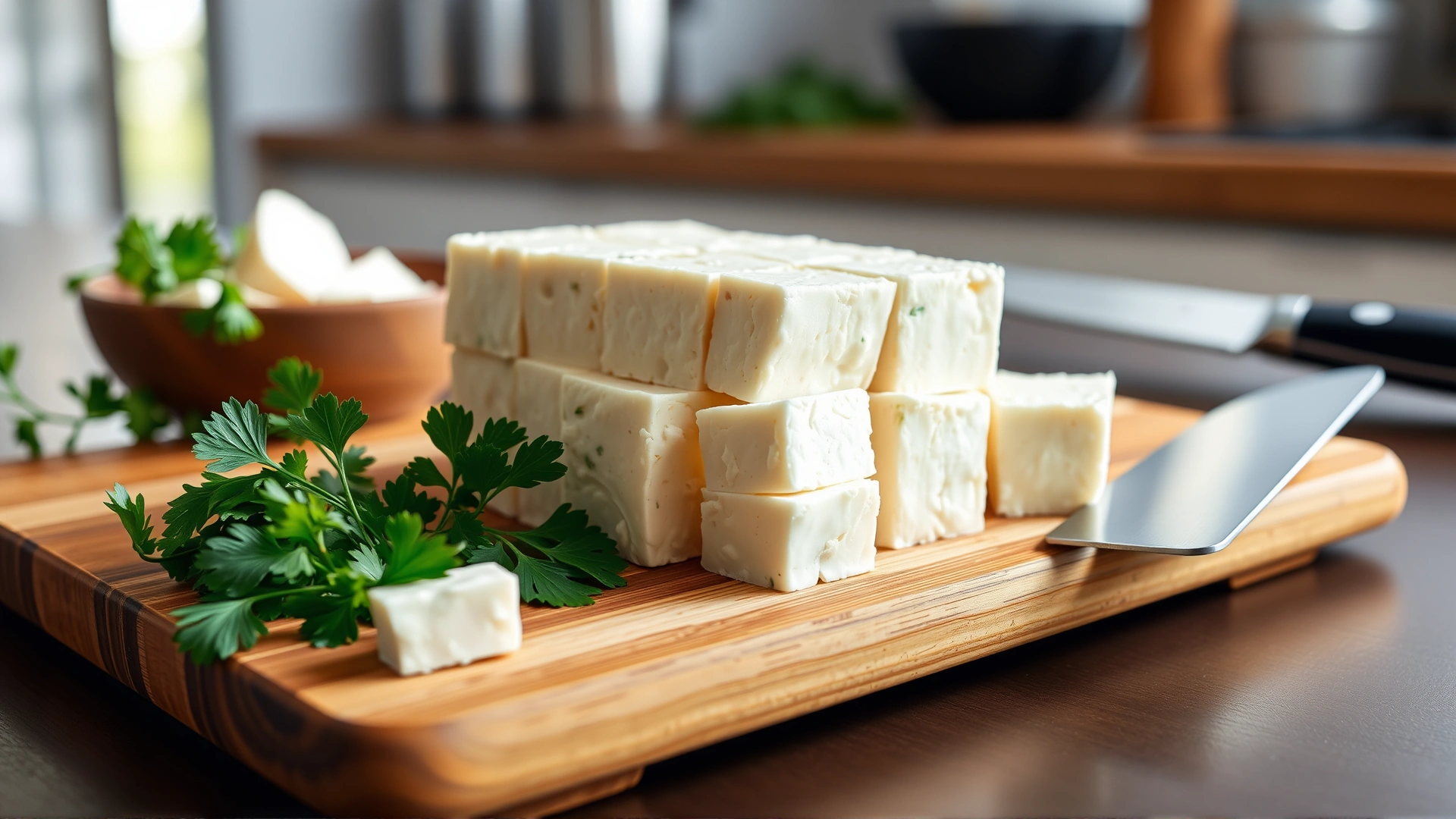 Cubed firm tofu on a wooden cutting board beside a chef’s knife and fresh parsley, bright kitchen background, no text