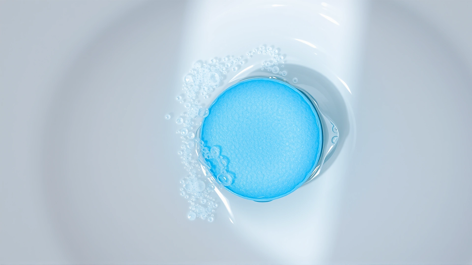 Close-up of a blue dissolving toilet cleaning tablet fizzing in clear water inside a toilet bowl.