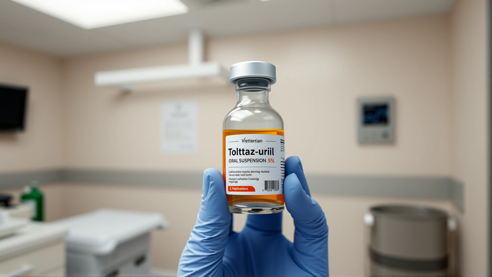 Veterinarian hand holding a bottle labeled 'Toltrazuril Oral Suspension 5%' in a clean clinical setting, focus on the bottle