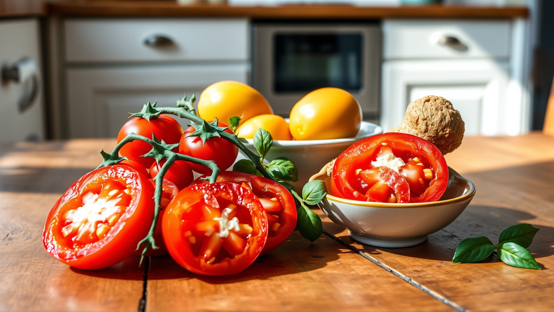 Freshly sliced ripe tomatoes arranged in a small bowl next to a dog treat on a rustic kitchen table, bright natural light