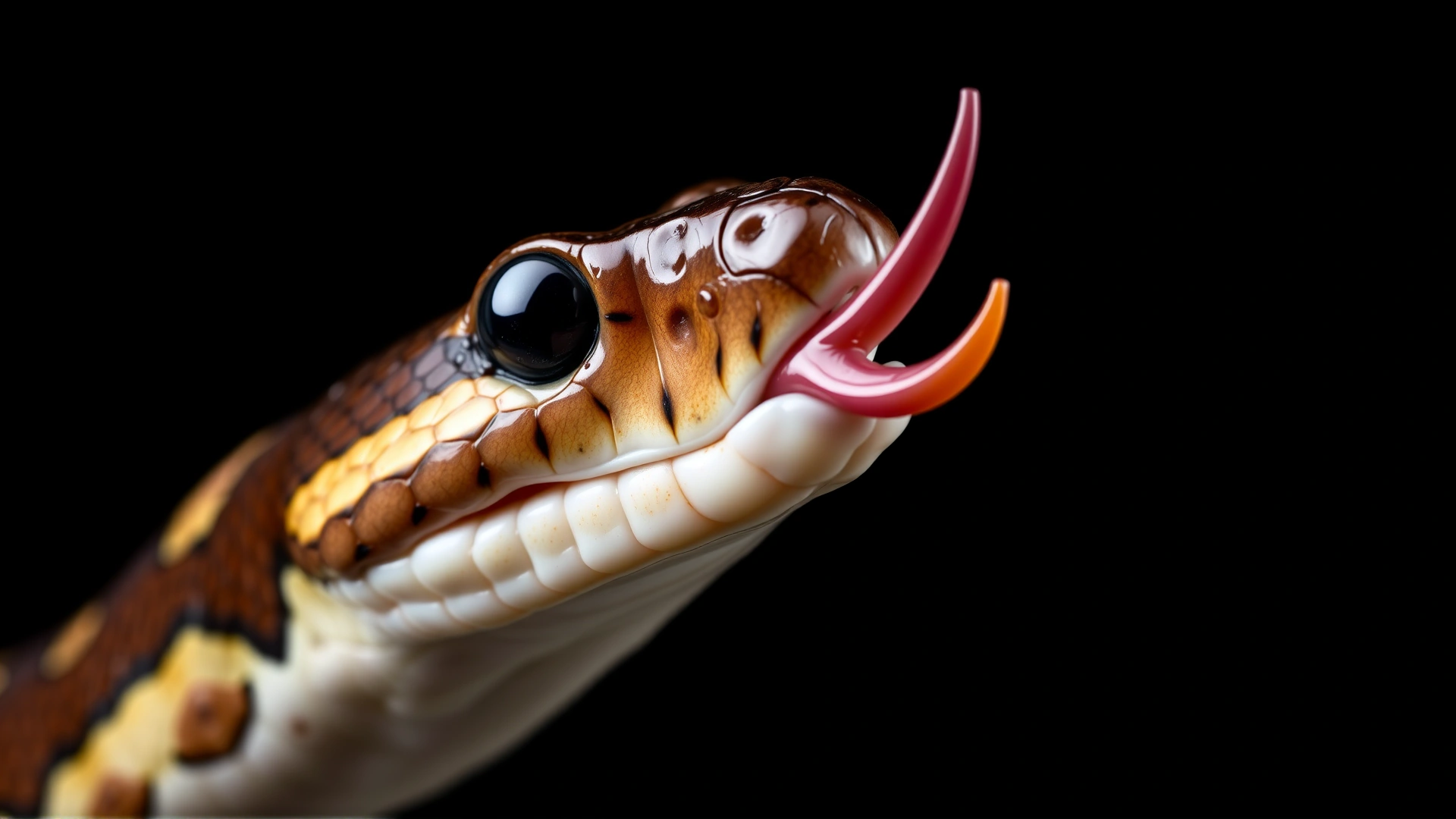 Macro photograph of a snake’s forked tongue extended outward, focus on the bifurcation, dark background, high detail