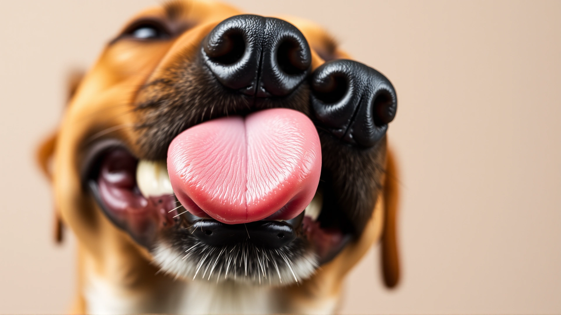 Macro shot of a healthy pink dog tongue against a neutral background, showing texture and papillae