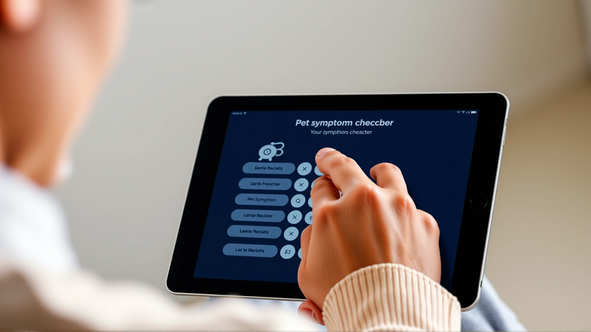 Over-the-shoulder view of a person using an online pet symptom checker on a tablet, interface blurred for anonymity