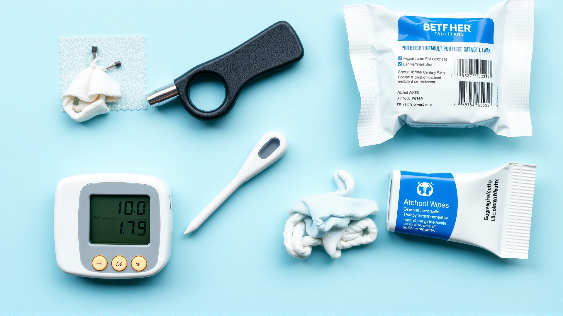 Flat-lay of pet health tools: digital rectal thermometer, ear thermometer, lubricant, cotton, and alcohol wipes on a clean surface.