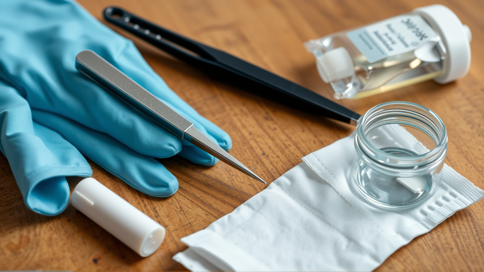 Flat-lay image of tick removal tools: a pair of fine-tipped tweezers, disposable gloves, antiseptic wipes, and small sealable jar on a wooden table.