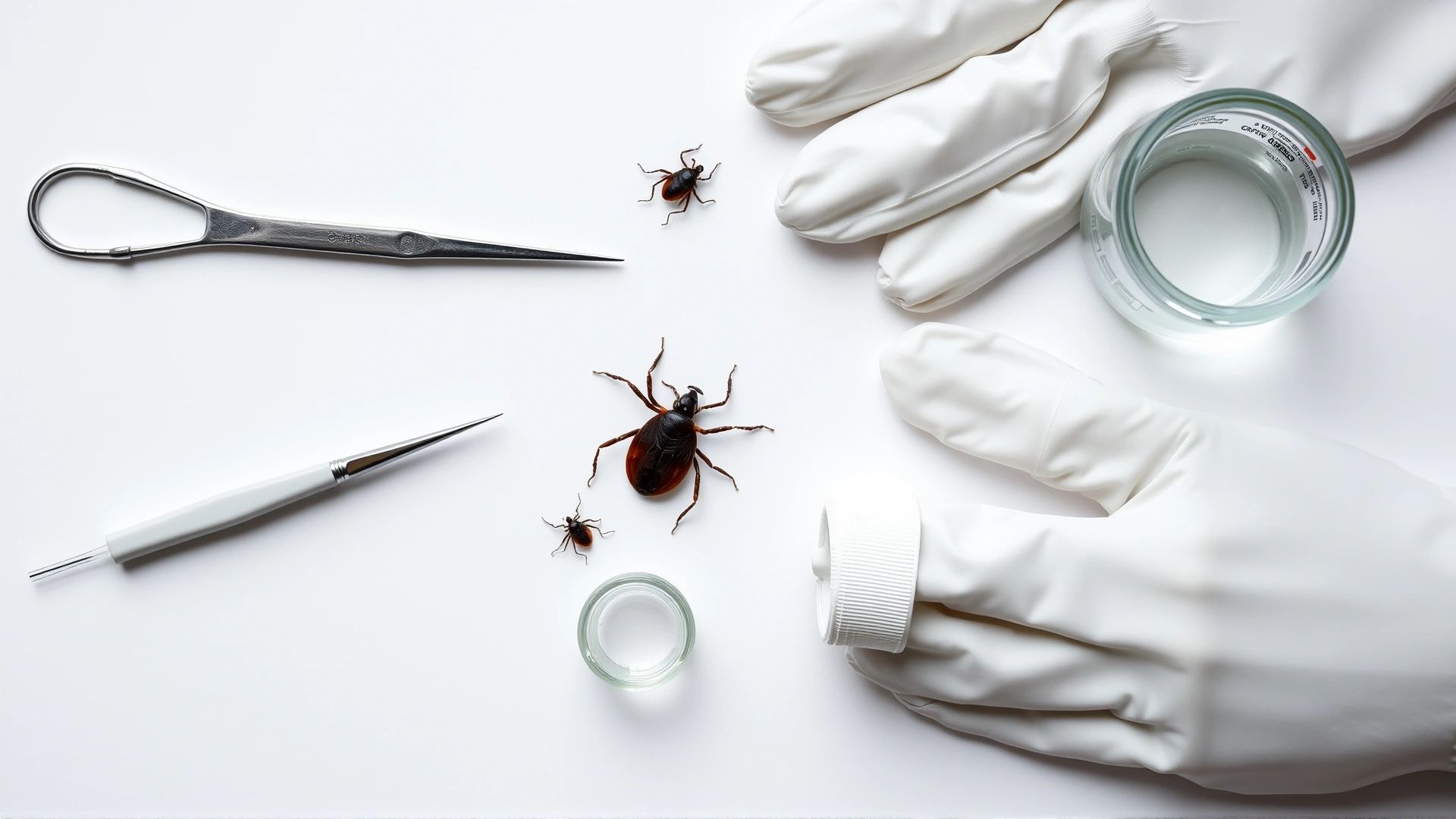 Flat lay on a white background of tick removal supplies: fine-tipped tweezers, tick removal hook, latex gloves, alcohol wipes and a small glass jar, no text