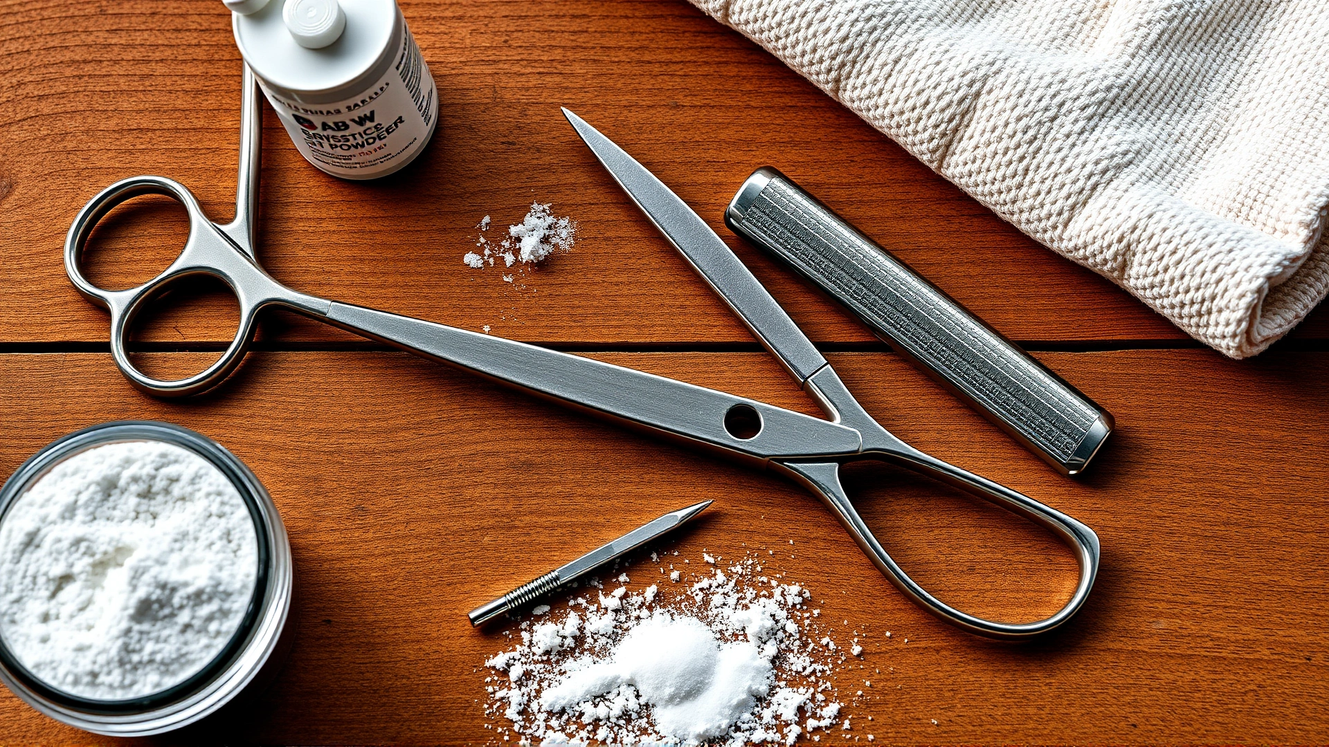 Neatly arranged grooming tools—surgical scissors, styptic powder, and a soft towel—on a wooden tabletop; bright lighting; no text