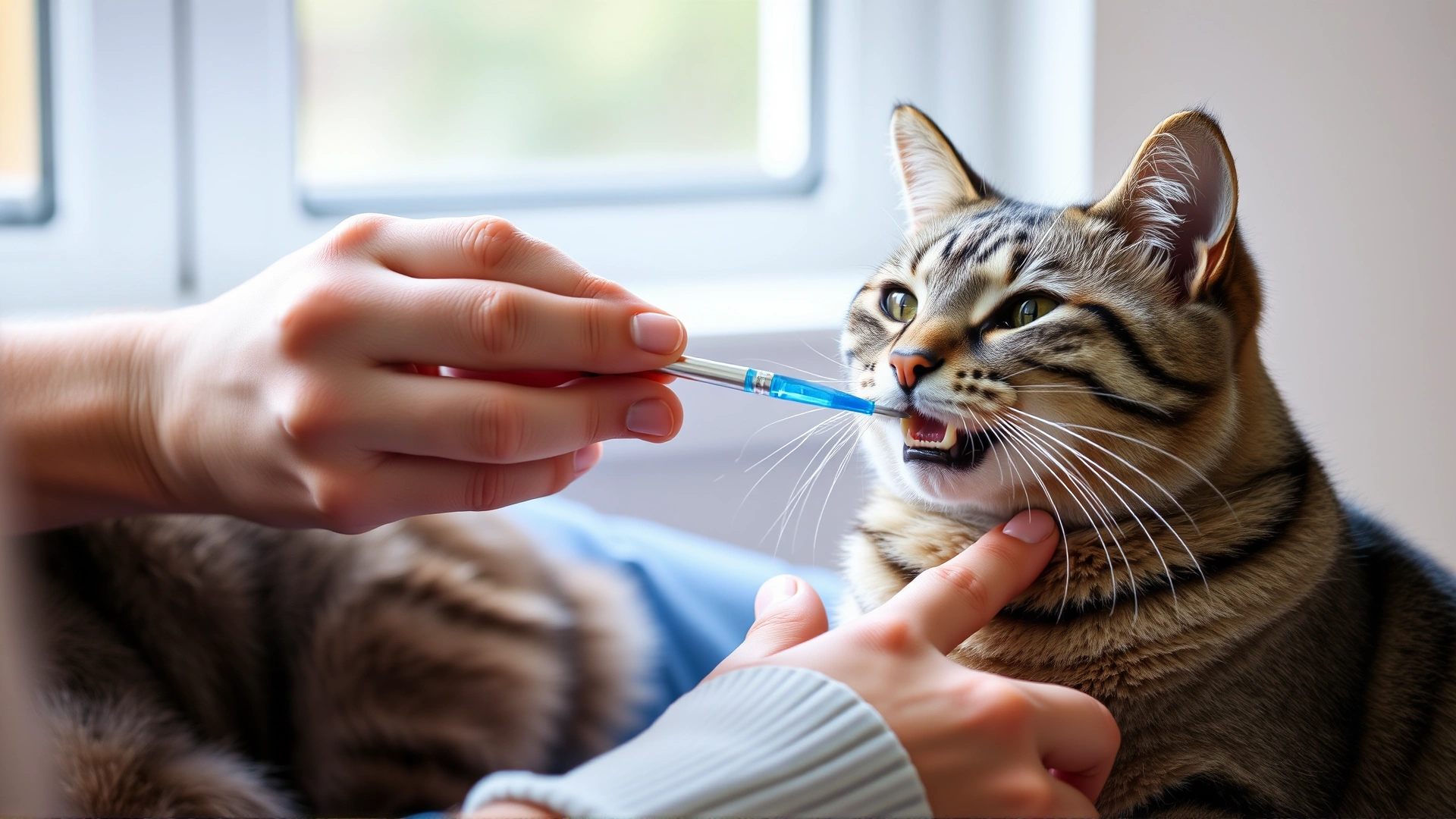 Pet owner using a small finger toothbrush to clean a grey tabby cat’s teeth; calm cat sitting on owner’s lap, natural window light.