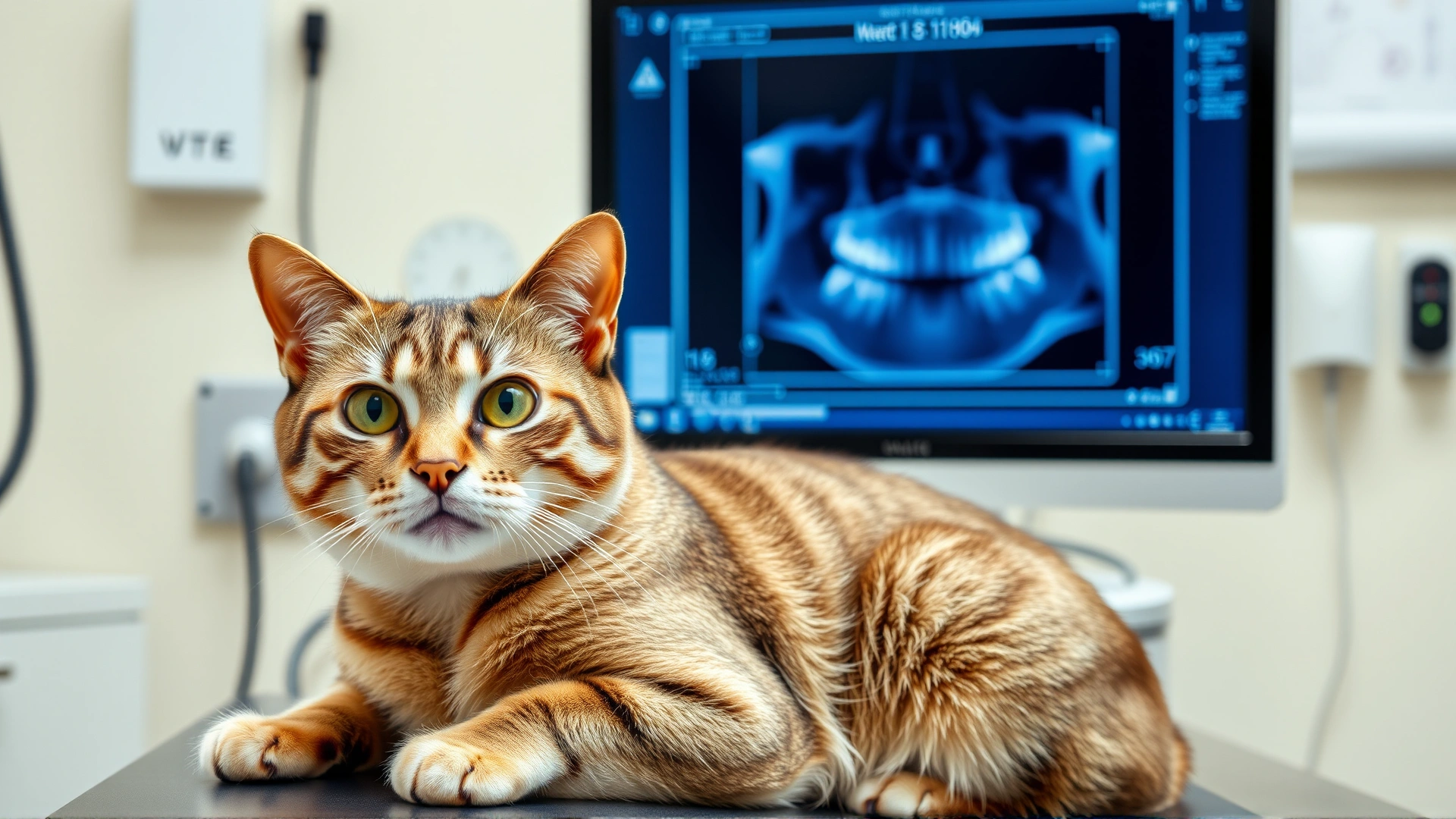 Cat on exam table with digital dental X-ray image visible on monitor in background, emphasizing veterinary diagnosis