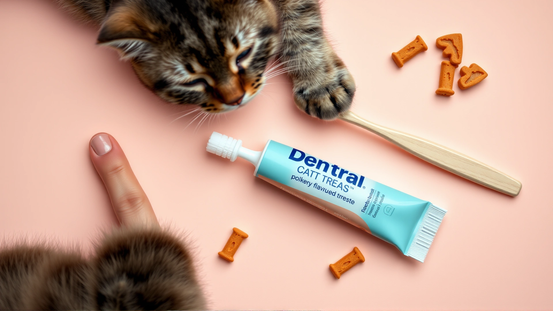 Flat lay of various cat dental care tools: finger toothbrush, small cat toothbrush, tube of poultry-flavored cat toothpaste, and dental treats on a pastel background
