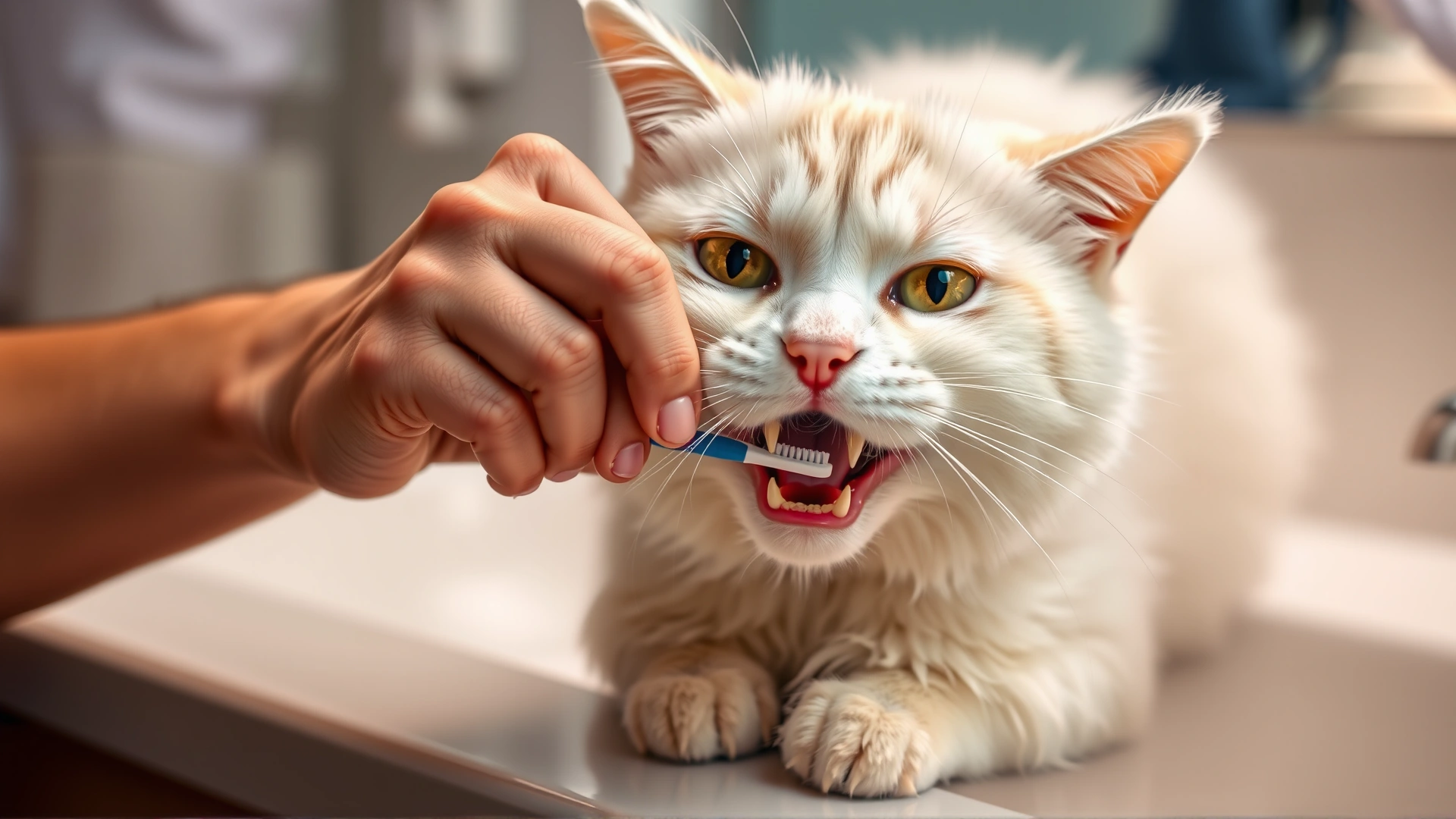 Owner gently brushing a white cat's teeth with a small pet toothbrush on a bathroom countertop.