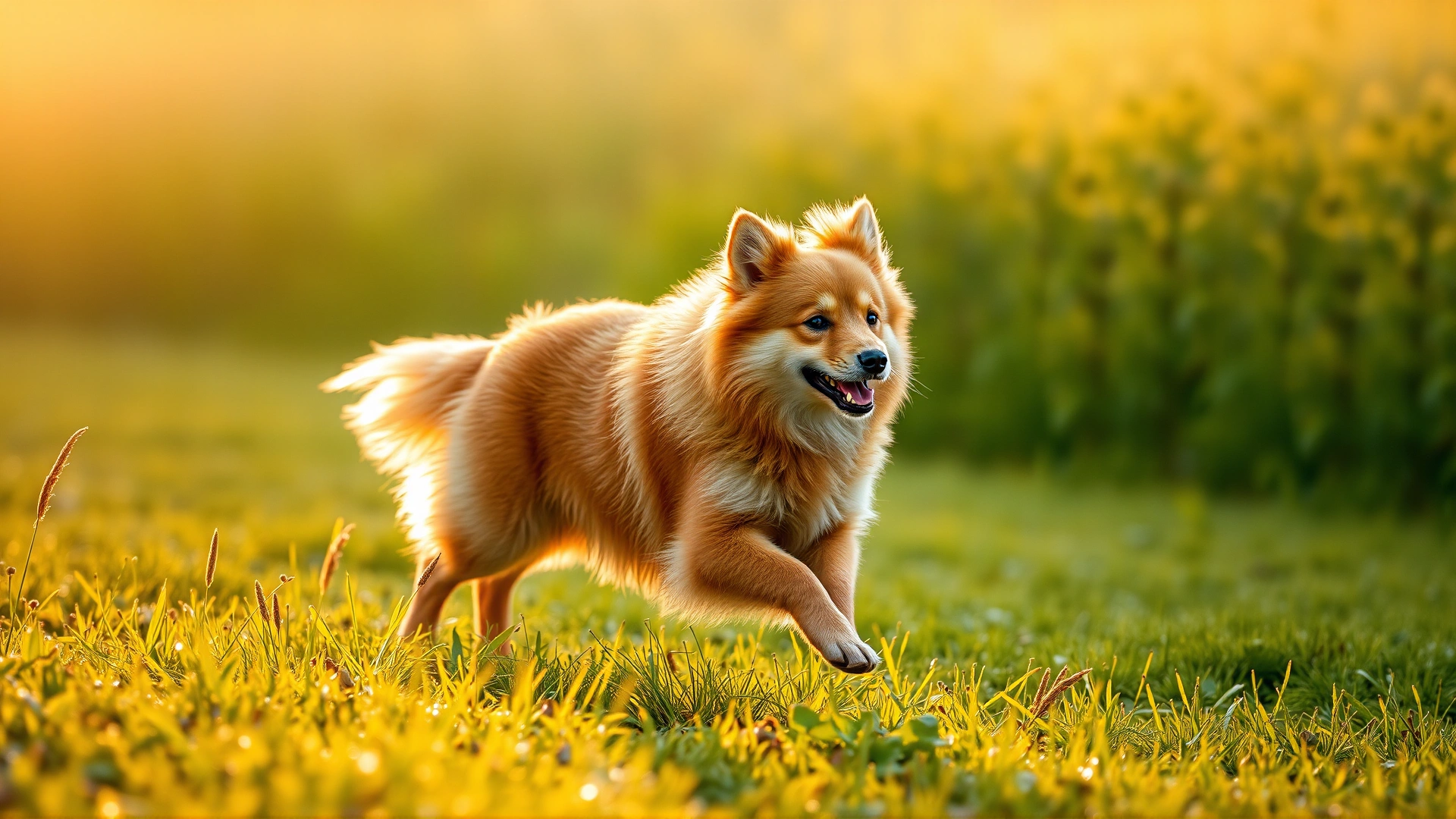 Finnish Spitz running through a sunlit meadow at dawn, dew on grass and warm golden tones emphasize its red coat