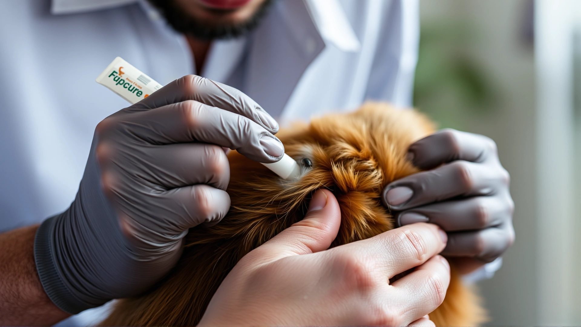 Owner parting the fur on a dog's neck and applying a spot-on flea medication, shallow depth of field