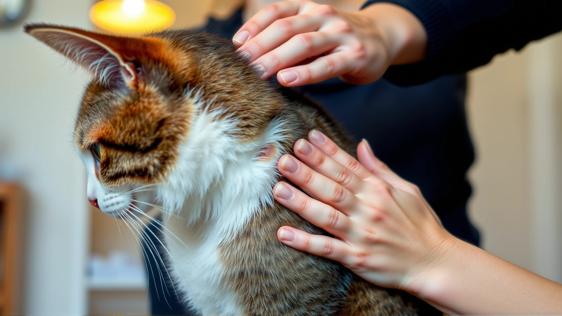 Side view of a person parting a cat's fur and applying a spot-on flea treatment between the shoulder blades, indoor setting.