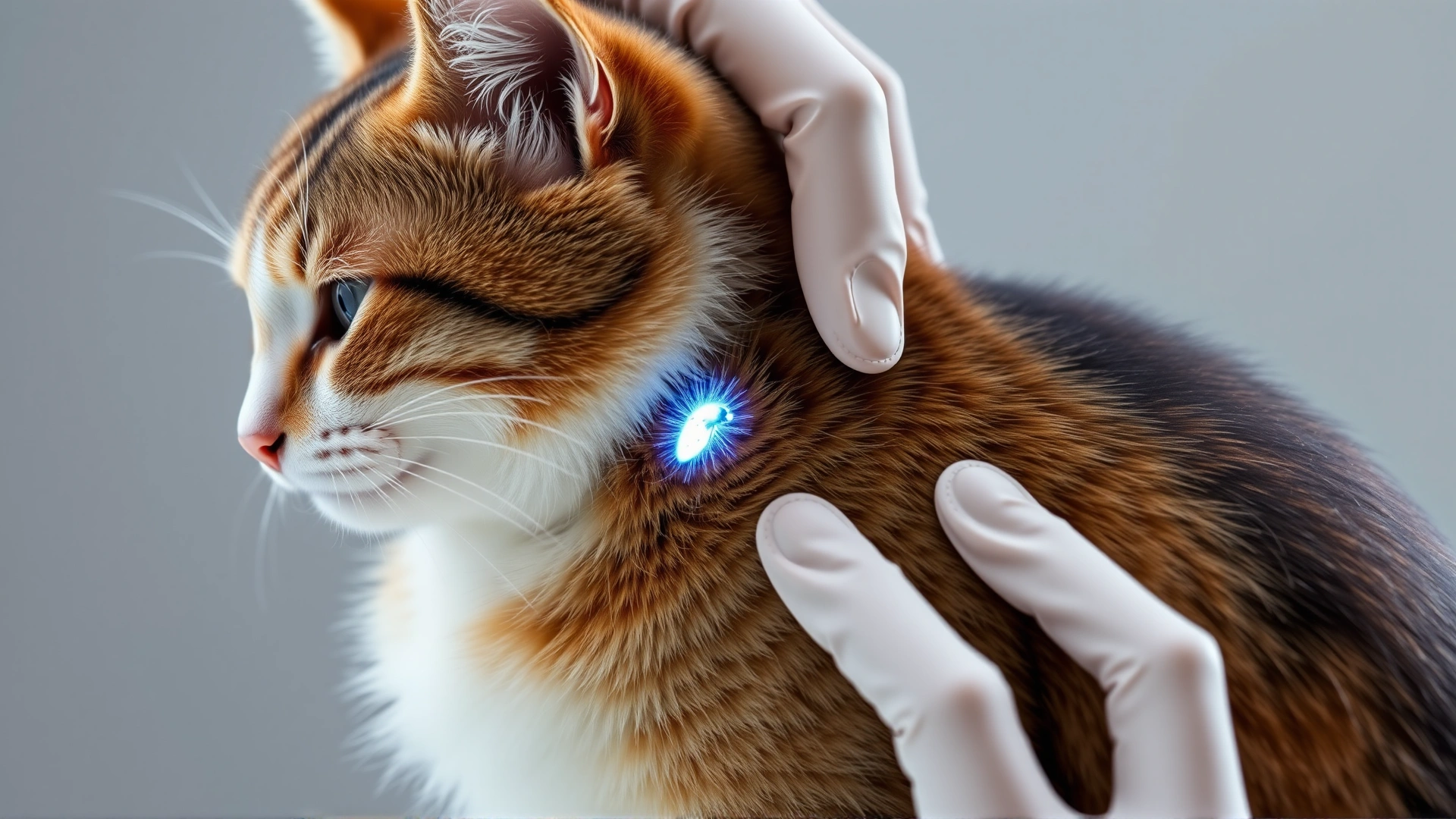 Veterinarian’s gloved hand applying a spot-on flea treatment between a cat’s shoulder blades