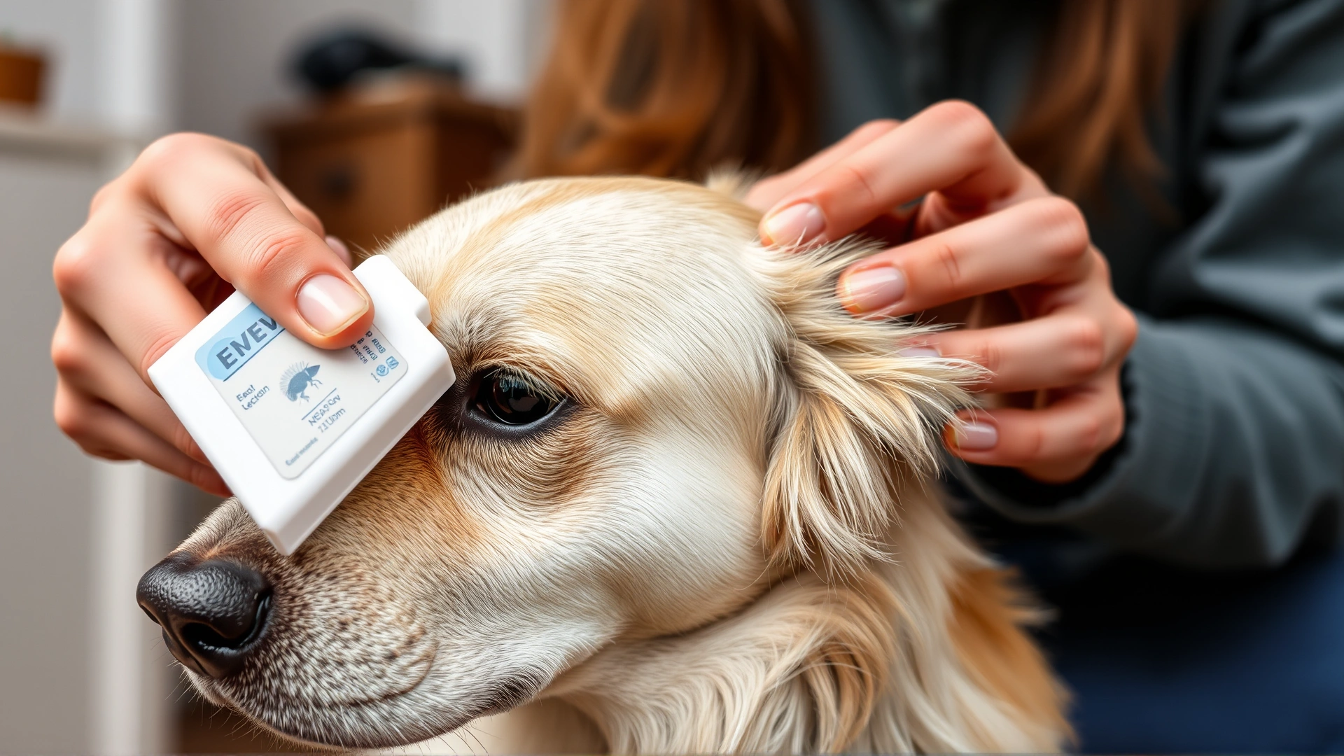 Pet owner parting the fur and applying a spot-on flea treatment between a dog’s shoulder blades indoors.