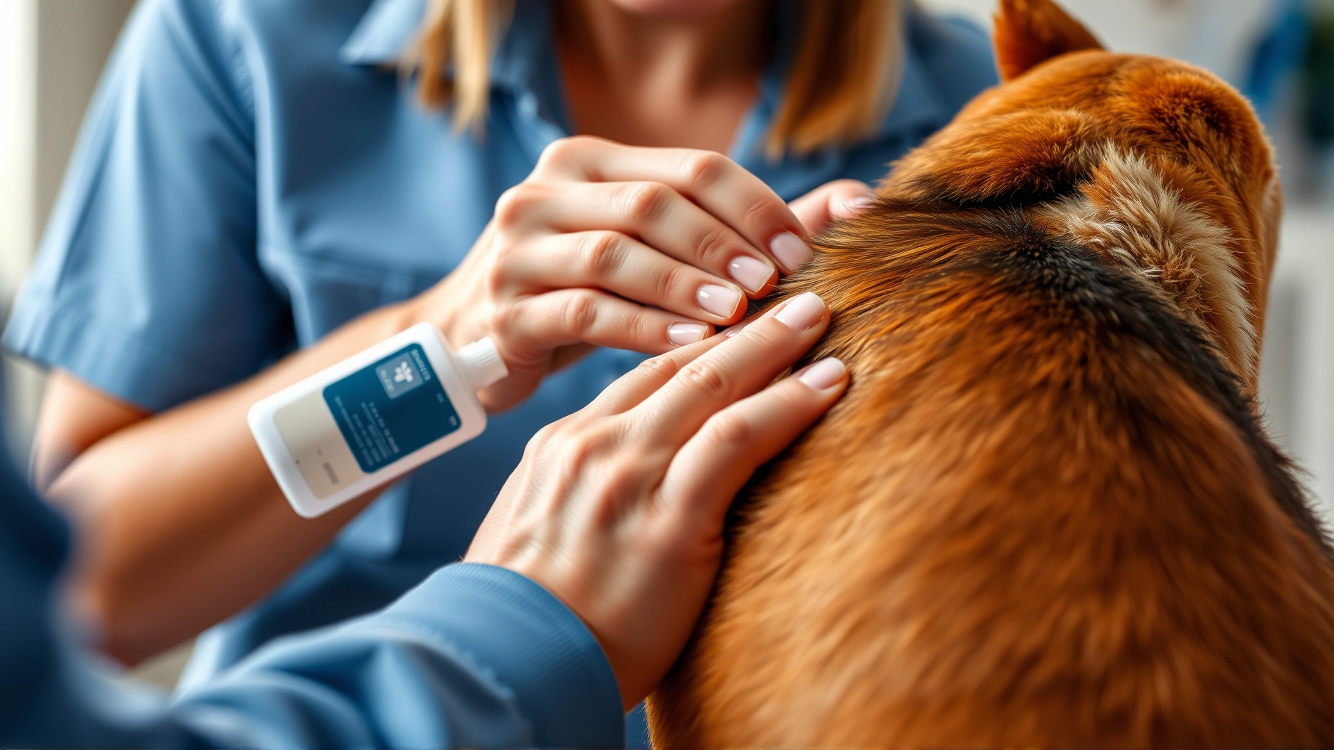 Owner parting the fur between a dog's shoulder blades to apply a spot-on heartworm preventive solution. Focus on the application area, bright ambient light.