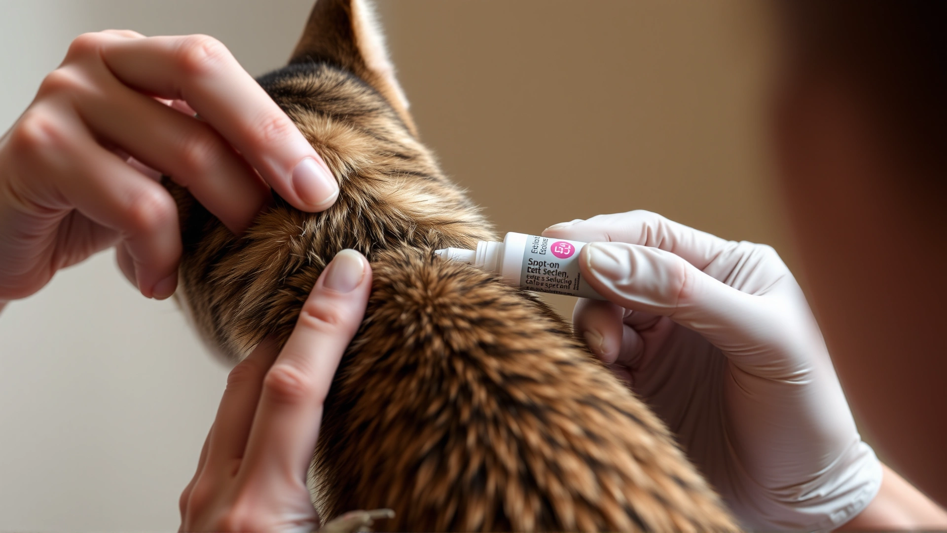 Pet owner parting the fur on the back of a cat’s neck to apply a spot-on solution from a small tube.