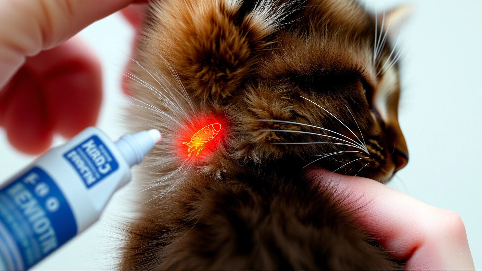 Close-up of a human hand parting a kitten's fur and applying a spot-on flea treatment to the back of its neck