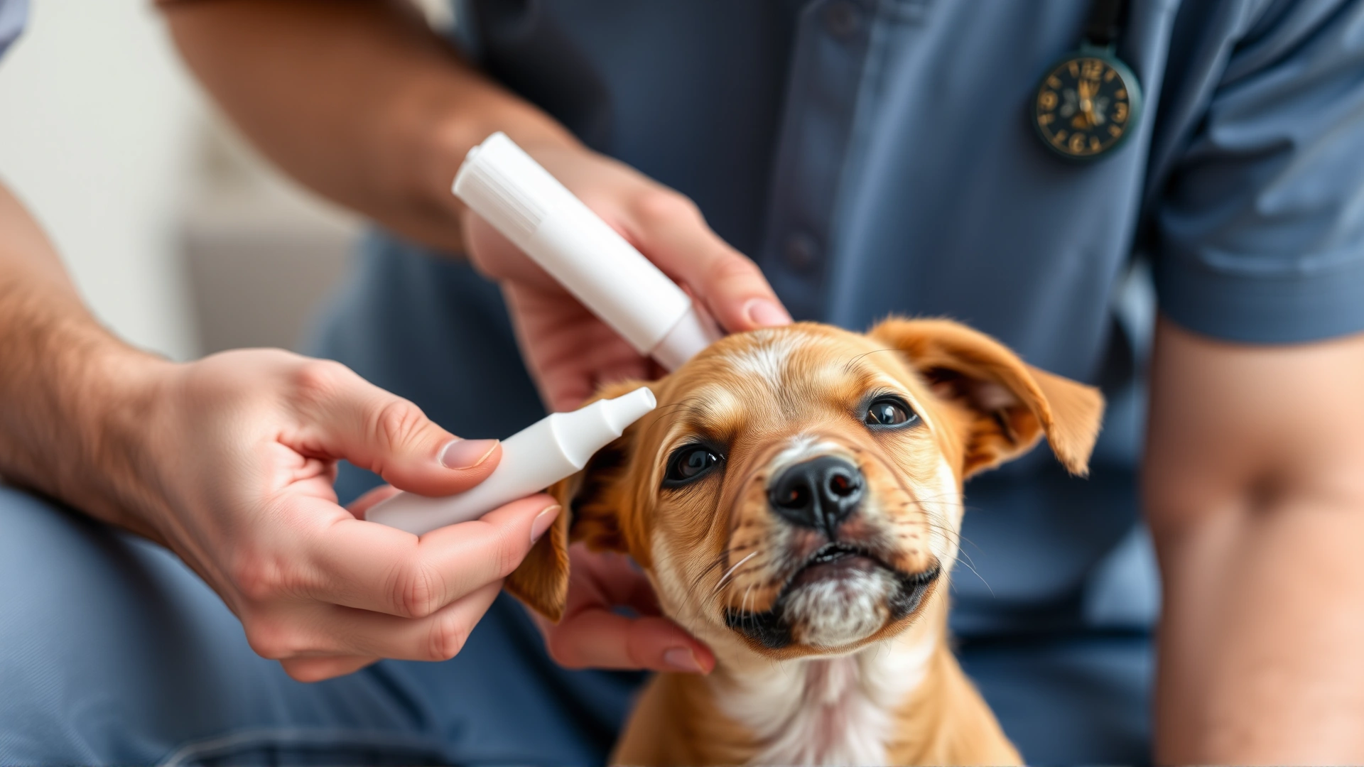 Owner applying a spot-on flea and tick treatment between a puppy's shoulder blades; focus on the application point.