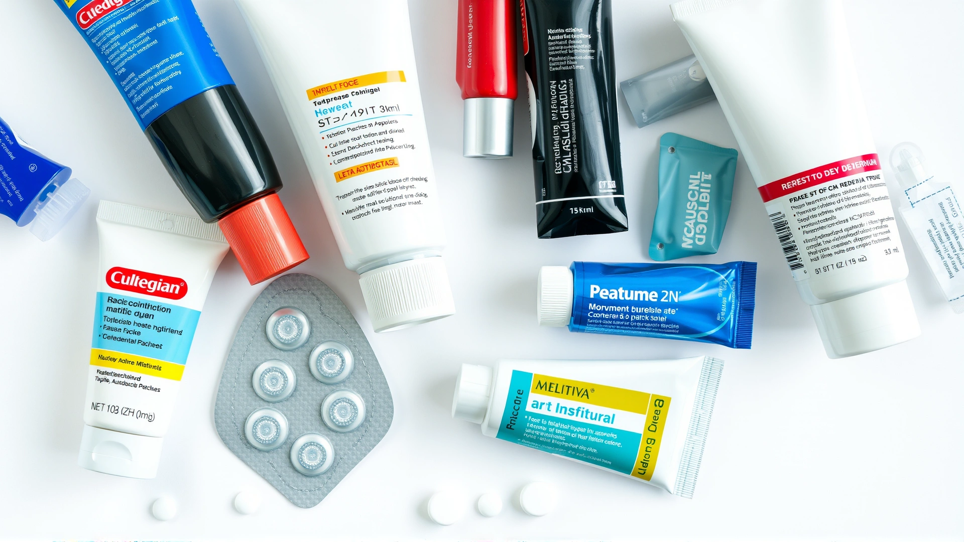 Flat lay of assorted human topical medication tubes, patches and creams on a clean white surface, high resolution