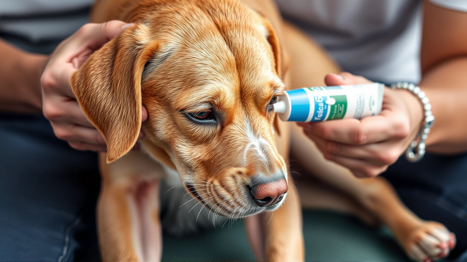 Close-up of owner applying cream to a small shaved patch on a dog's leg while the dog looks relaxed