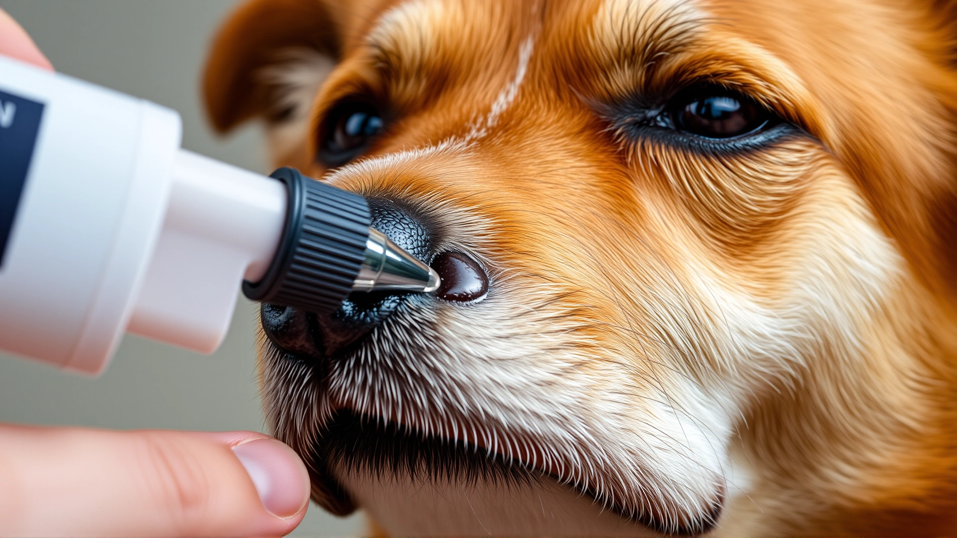 Close-up of a hand parting the fur on a dog’s neck and applying a topical flea prevention drop