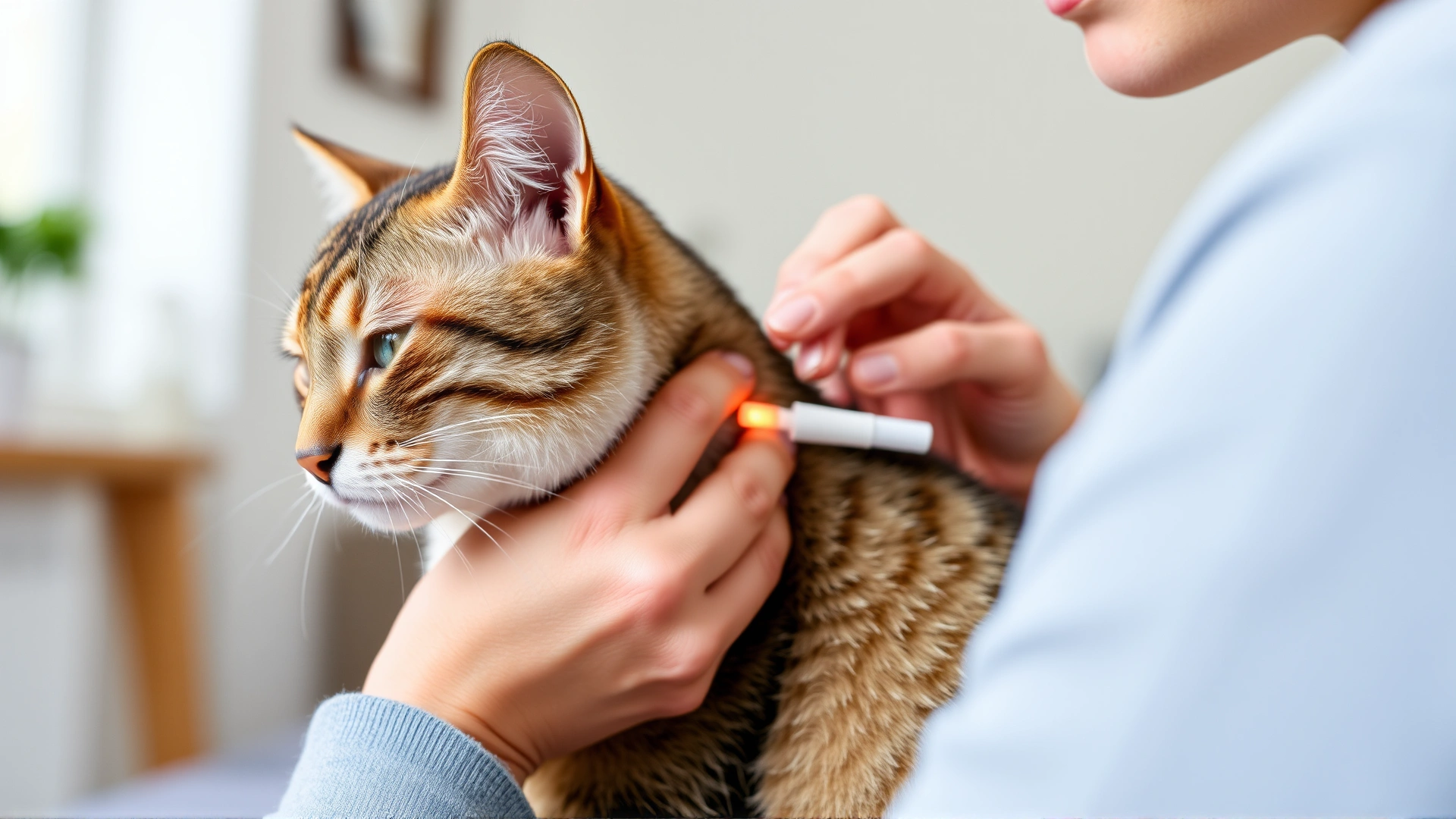 Cat owner applying a spot-on topical flea treatment between the cat’s shoulder blades, indoor setting, clear focus on the application.