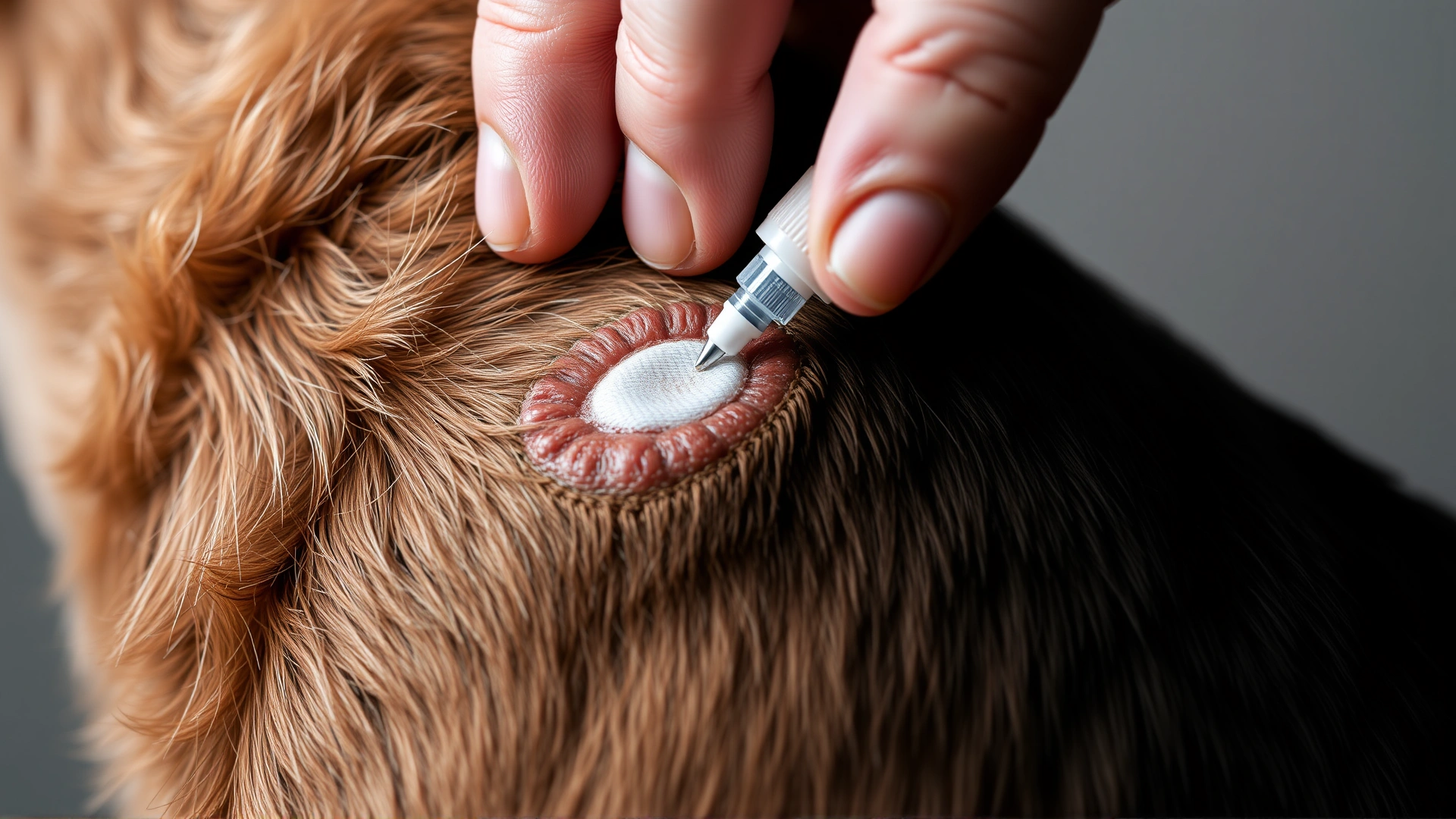 A hand parting the fur on a dog’s neck to apply a spot-on flea and tick treatment, with clear focus on the applicator and skin