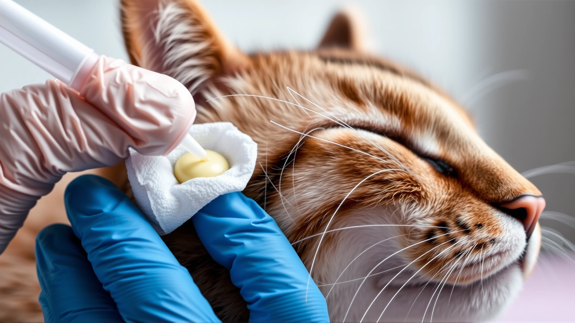 Gloved hand applying topical antibiotic ointment on a cat's irritated skin using a cotton pad, close-up detail