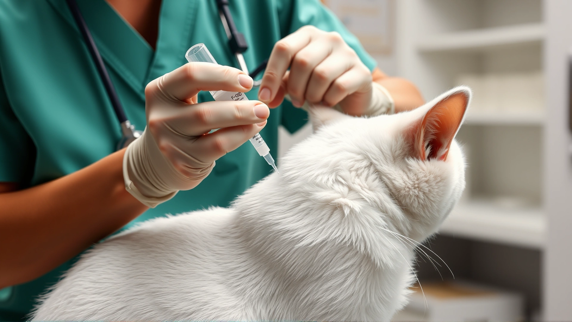 Veterinarian parting the fur on the back of a white cat’s neck to apply a topical flea medication from a pipette, clinic setting, no text.