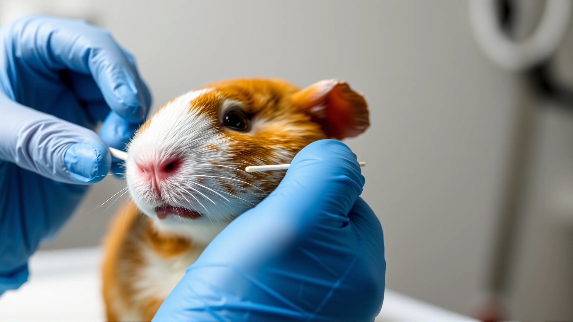 Veterinarian hand in blue glove applying antifungal cream to a guinea pig’s skin lesion using a cotton swab, clinical environment